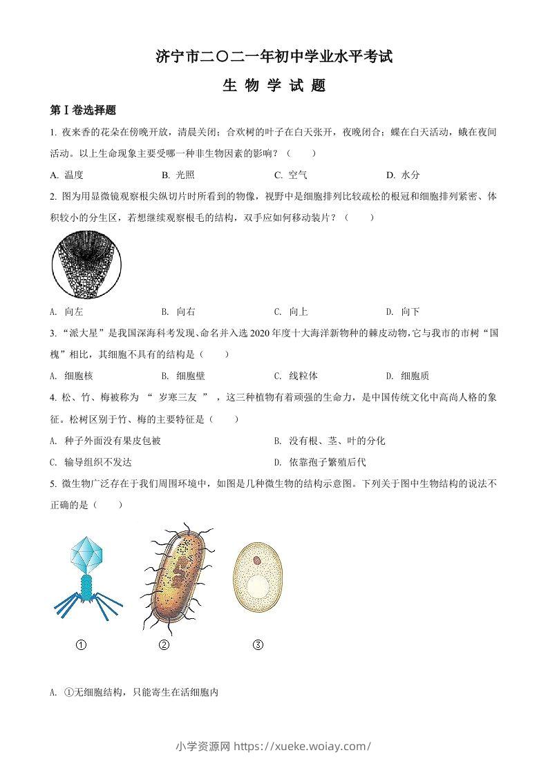 山东省济宁市2021年中考生物试题（空白卷）-六八学科资料网
