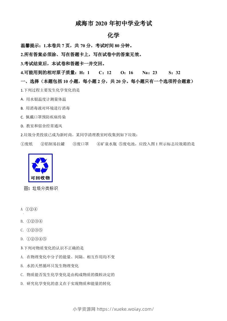 山东省威海市2020年中考化学试题（空白卷）-六八学科资料网