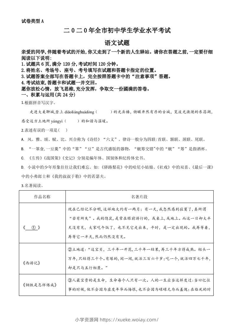 山东省聊城市2020年中考语文试题（空白卷）-六八学科资料网