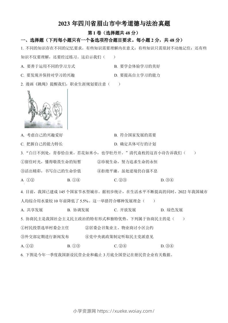 2023年四川省眉山市中考道德与法治真题（空白卷）-六八学科资料网