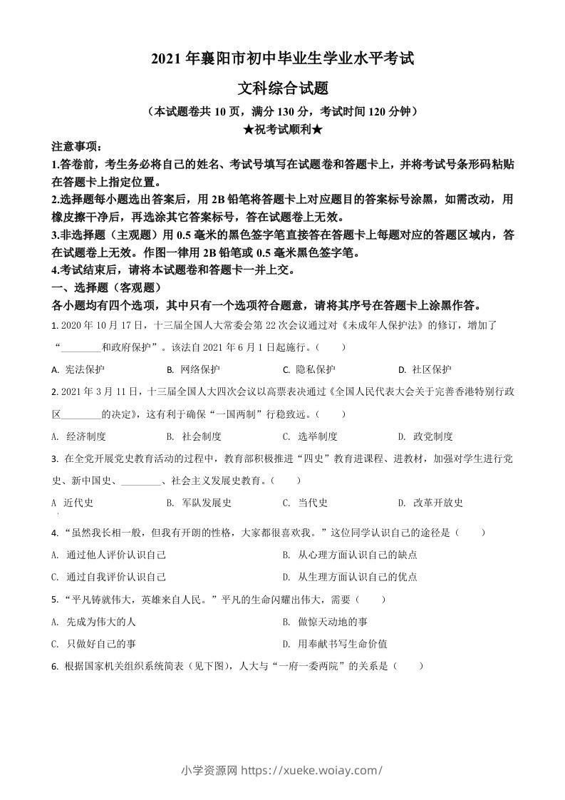 湖北省襄阳市2021年中考道德与法治真题（空白卷）-六八学科资料网