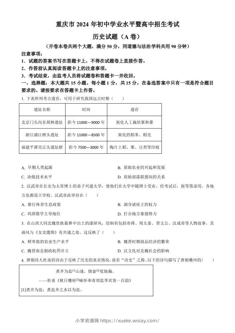 2024年重庆市中考历史真题（A卷）（空白卷）-六八学科资料网