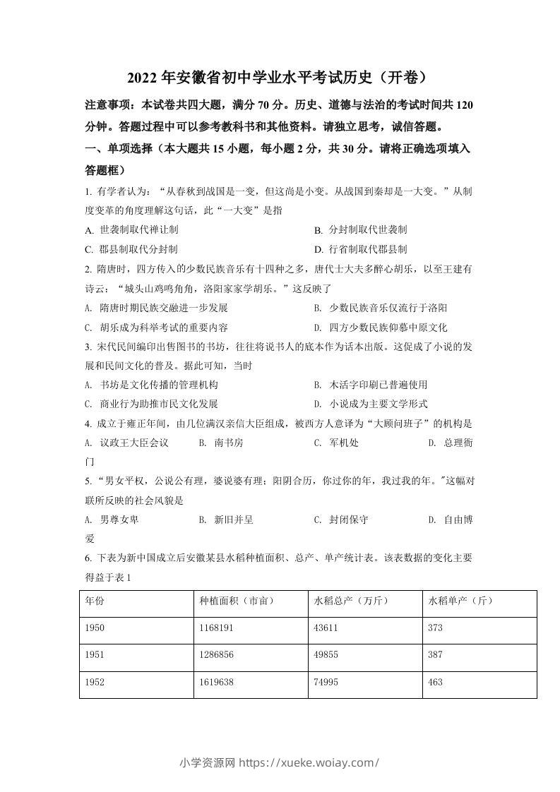 2022年安徽省中考历史真题（空白卷）-六八学科资料网