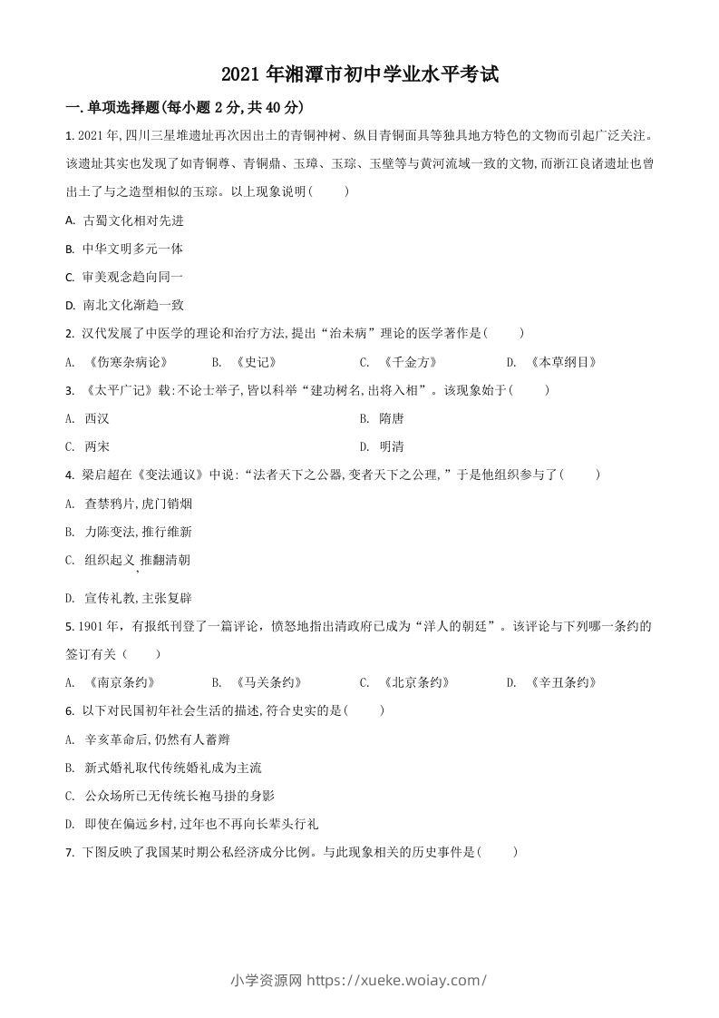 湖南省湘潭市2021年中考历史试题（空白卷）-六八学科资料网