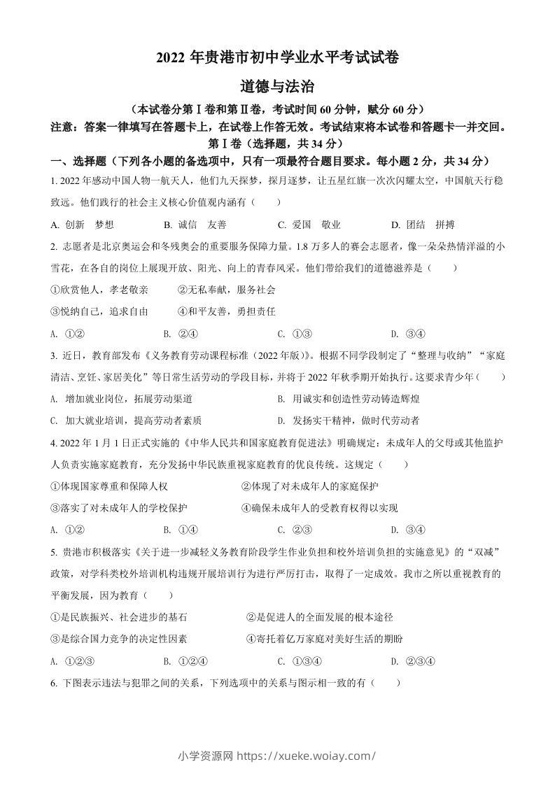 2022年广西贵港市中考道德与法治试题（空白卷）-六八学科资料网