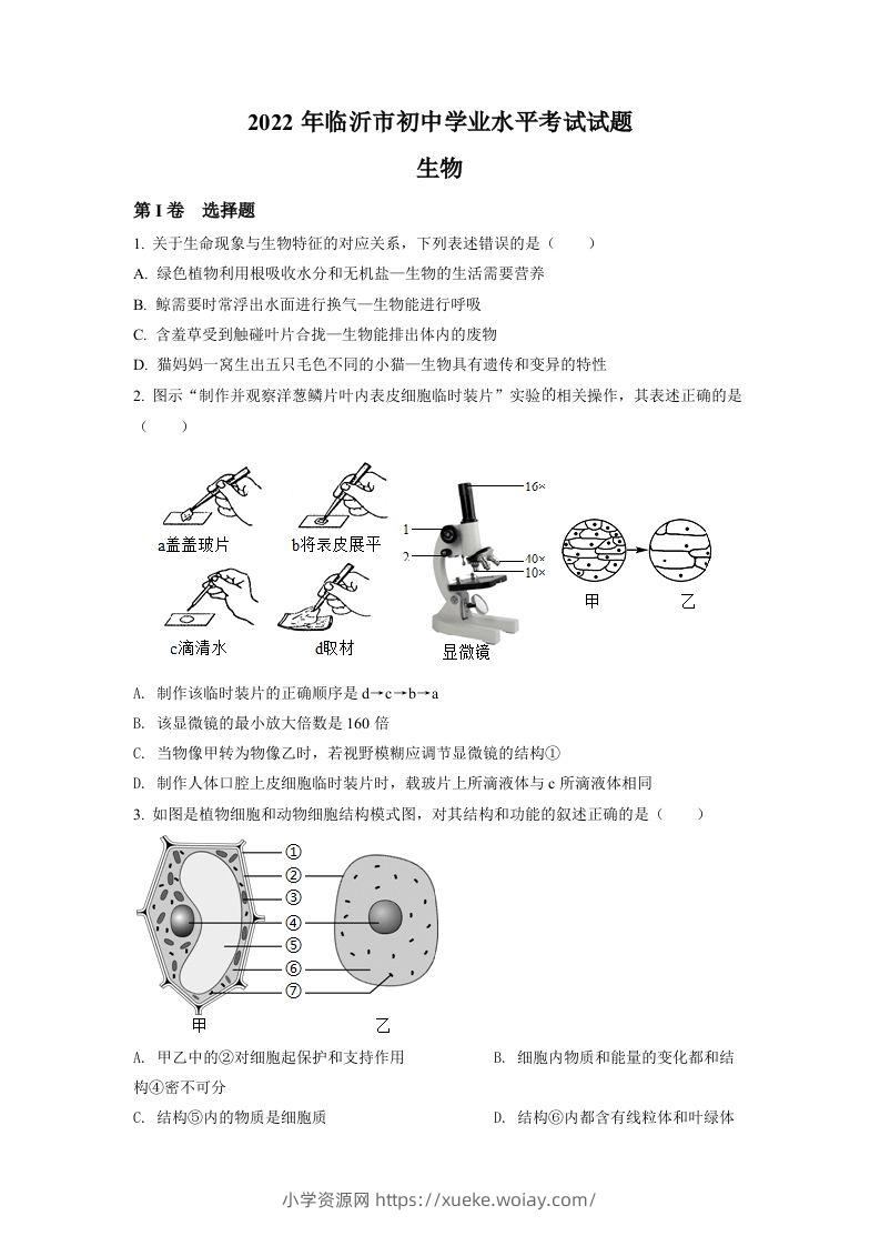 2022年山东省临沂市中考生物真题（空白卷）-六八学科资料网