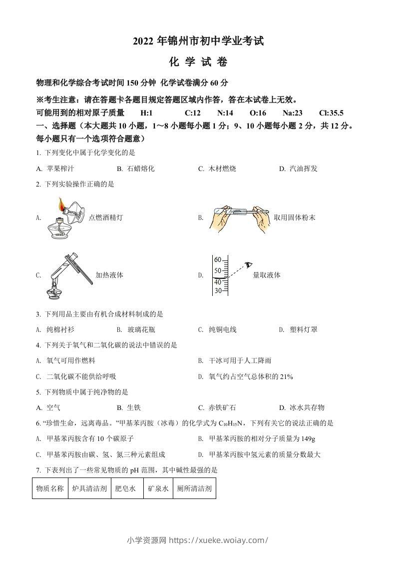 2022年辽宁省锦州市中考化学真题（空白卷）-六八学科资料网