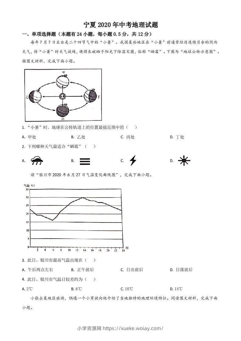 宁夏2020年中考地理试题（空白卷）-六八学科资料网