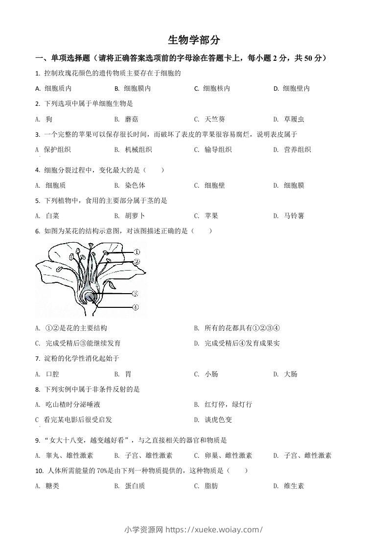 辽宁省鞍山市2020年中考生物试题（空白卷）-六八学科资料网