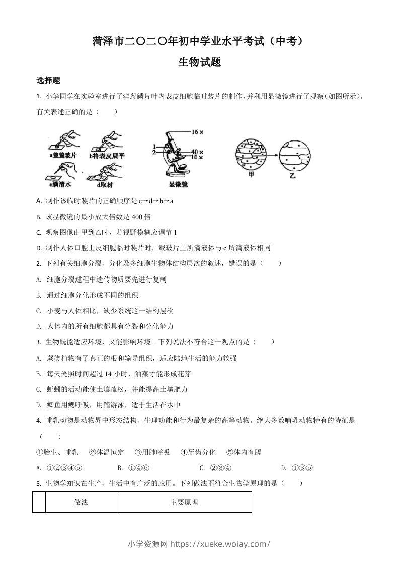 山东省菏泽市2020年中考生物试题（空白卷）-六八学科资料网