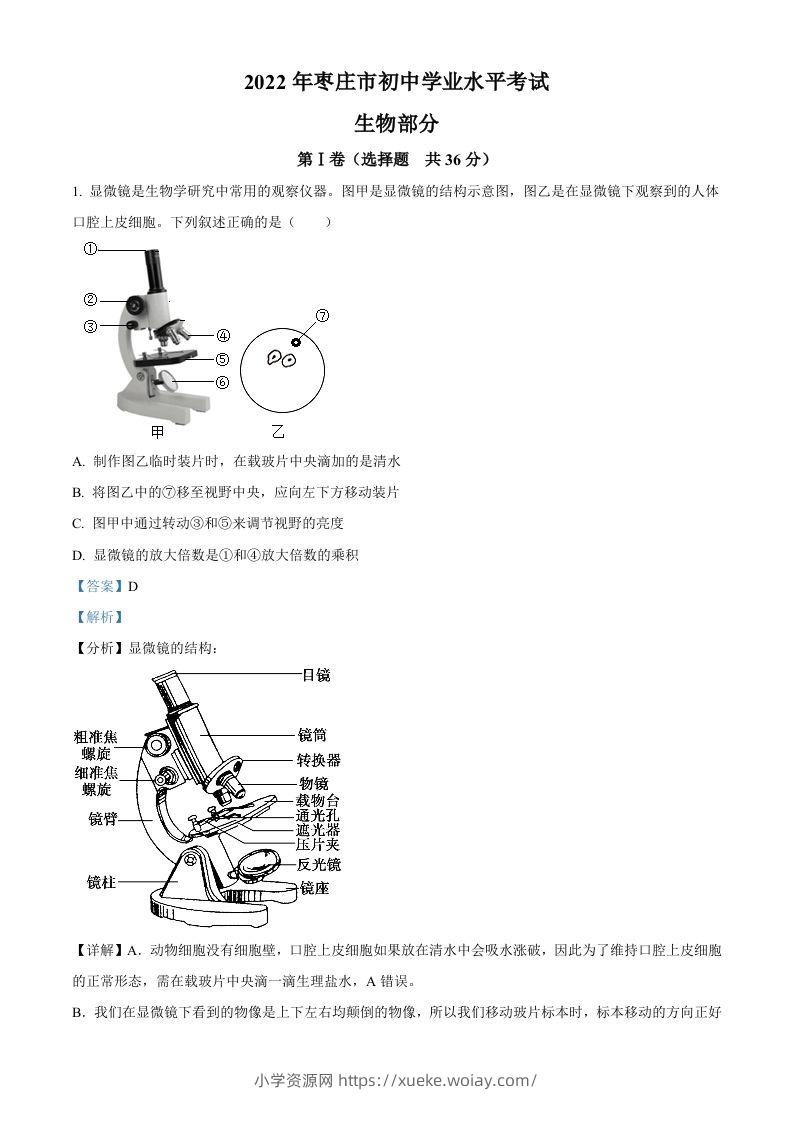 2022年山东省枣庄市中考生物真题（含答案）-六八学科资料网