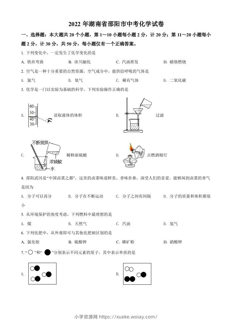 2022年湖南省邵阳市中考化学真题（空白卷）-六八学科资料网