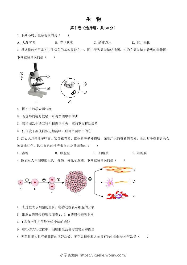 2022年广西贺州市中考生物真题（空白卷）-六八学科资料网