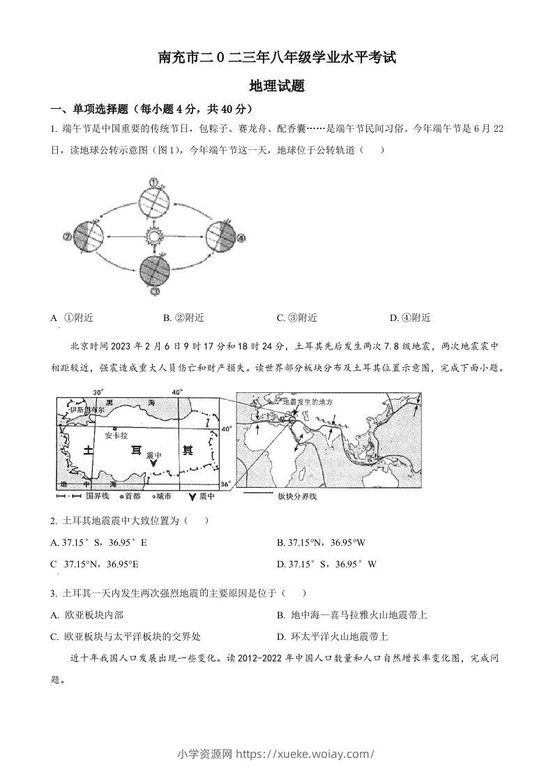 2023年四川省南充市中考地理真题（空白卷）-六八学科资料网