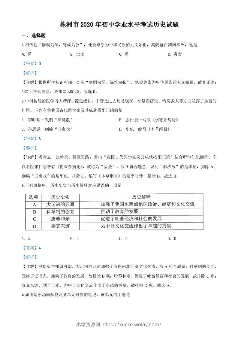 湖南省株洲市2020年中考历史试题（含答案）-六八学科资料网