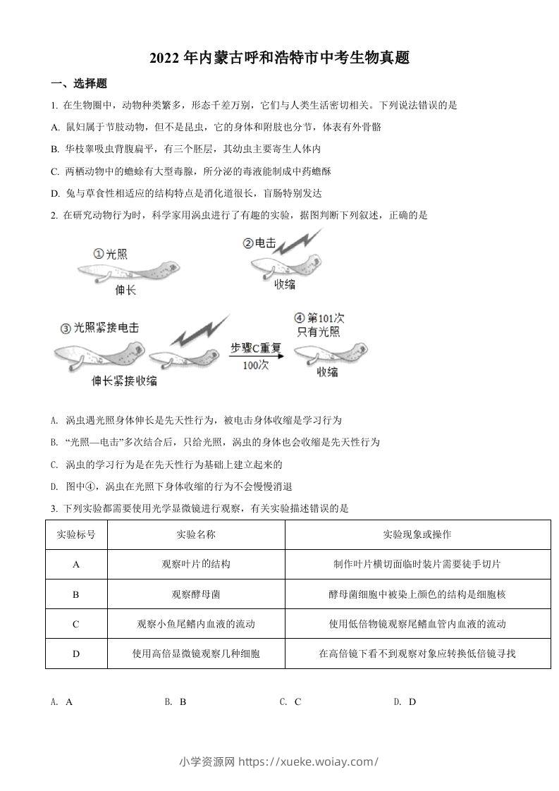 2022年内蒙古呼和浩特市中考生物真题（空白卷）-六八学科资料网