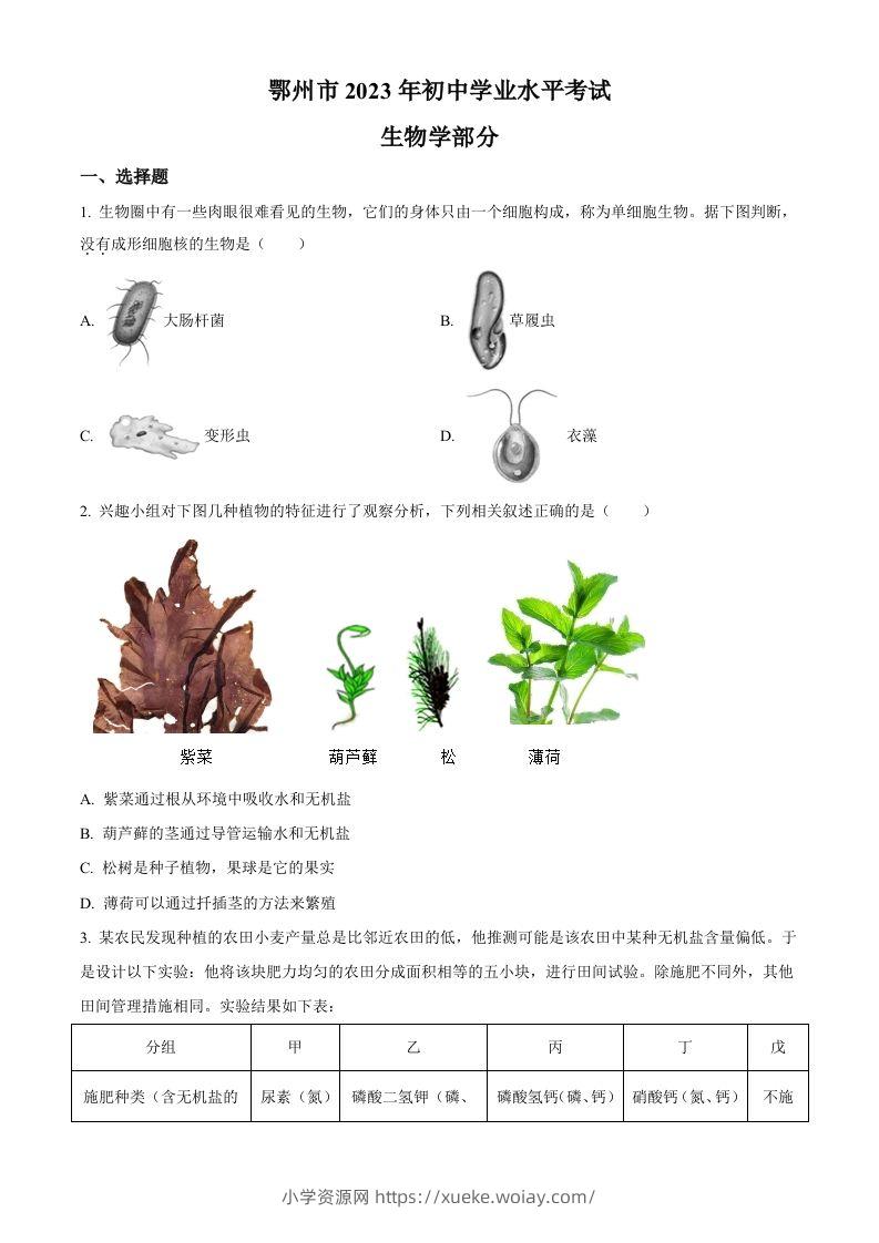 2023年湖北省鄂州市中考生物真题（空白卷）-六八学科资料网