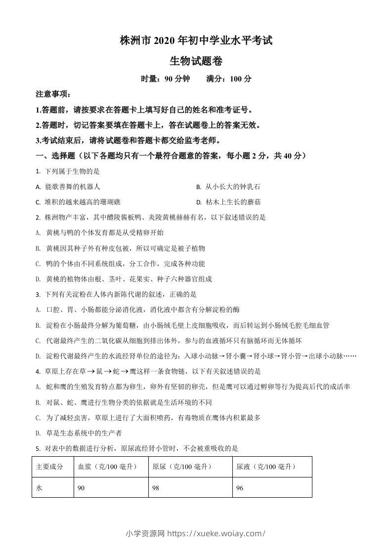湖南省株洲市2020年中考生物试题（空白卷）-六八学科资料网