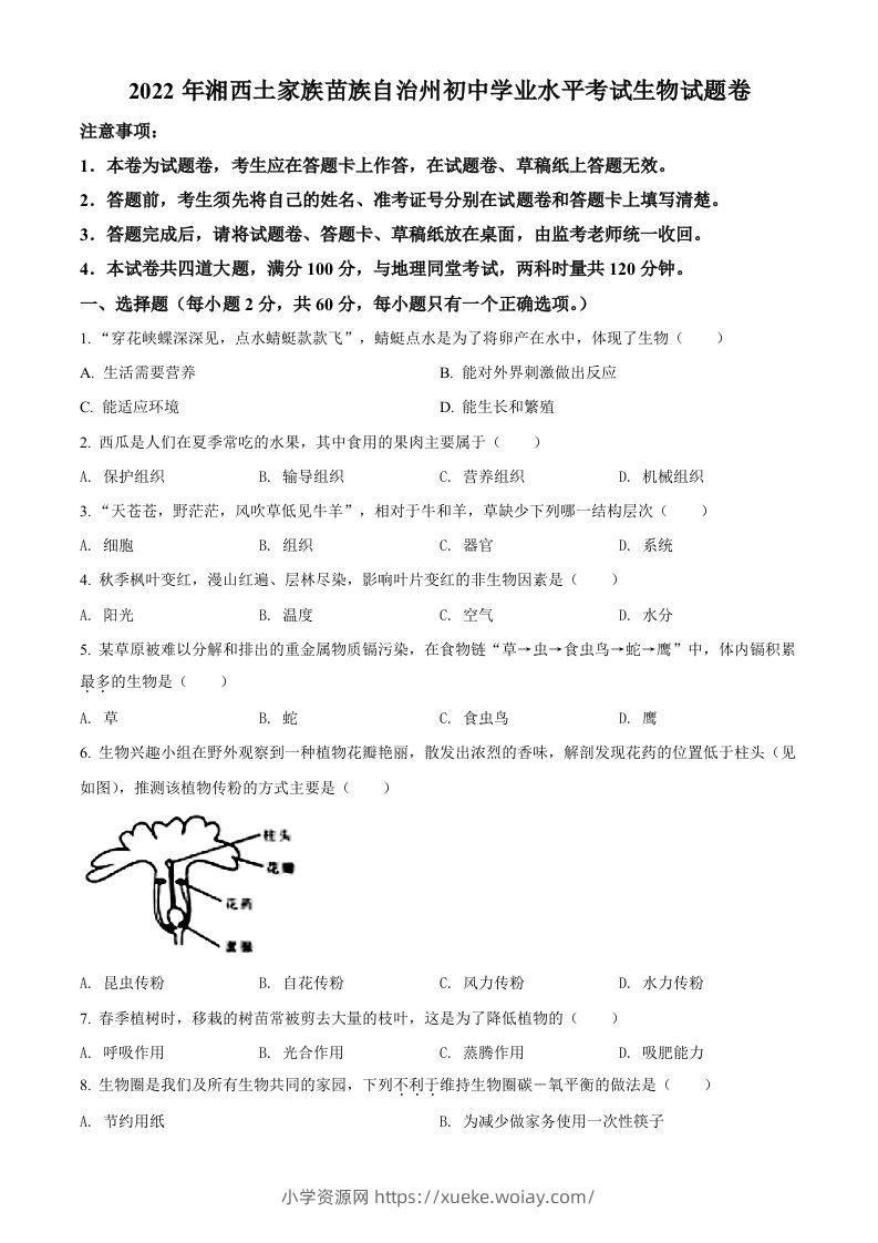 2022年湖南省湘西州中考生物真题（空白卷）-六八学科资料网