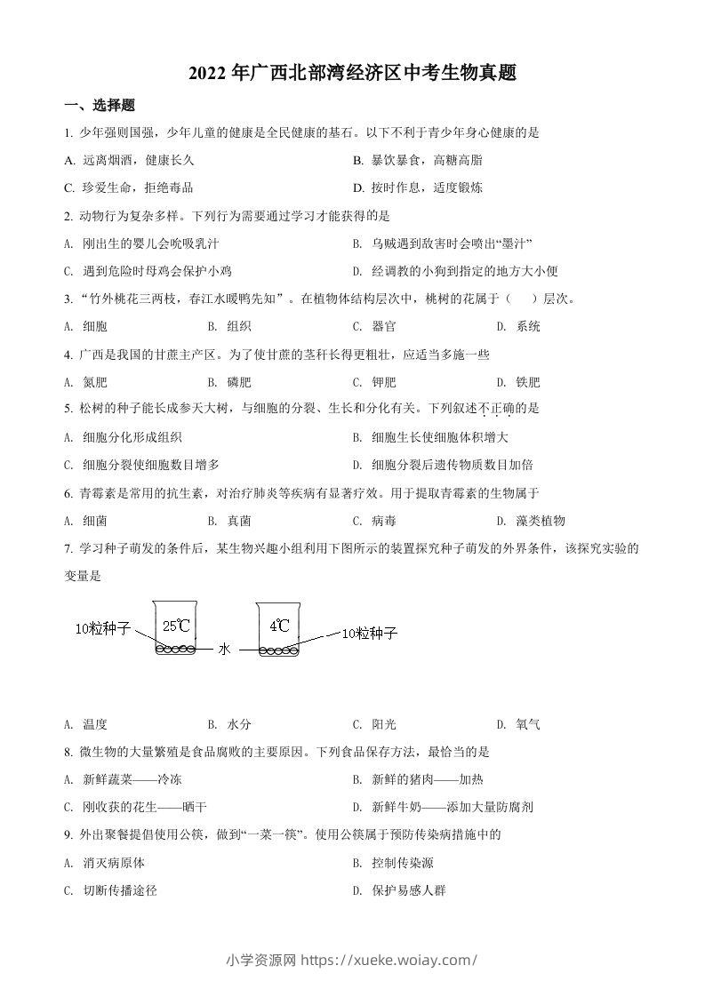 2022年广西北部湾经济区中考生物真题（空白卷）-六八学科资料网