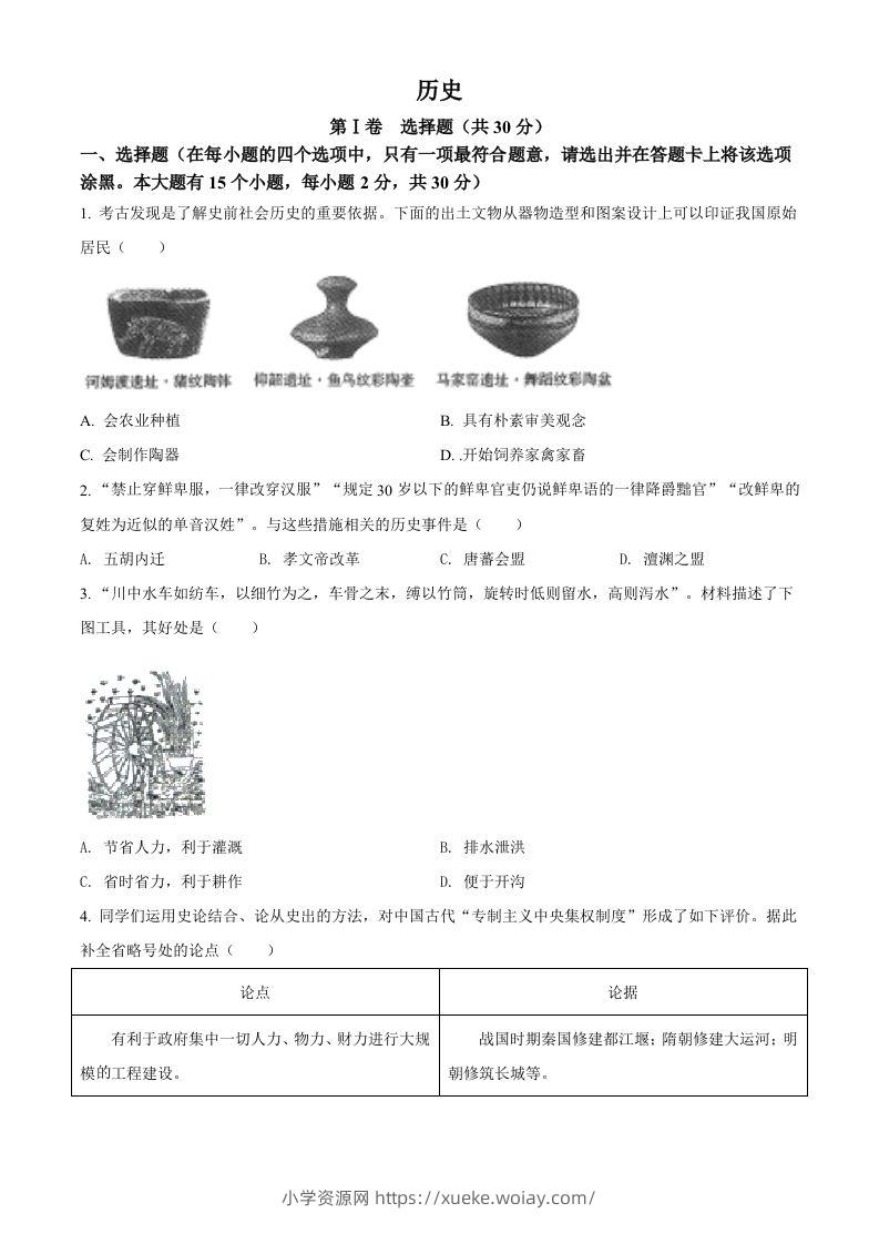 2022年山西省晋中市中考历史真题（空白卷）-六八学科资料网