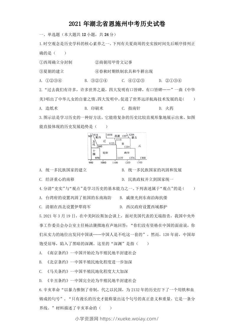 湖北省恩施州2021年中考历史试卷（空白卷）-六八学科资料网