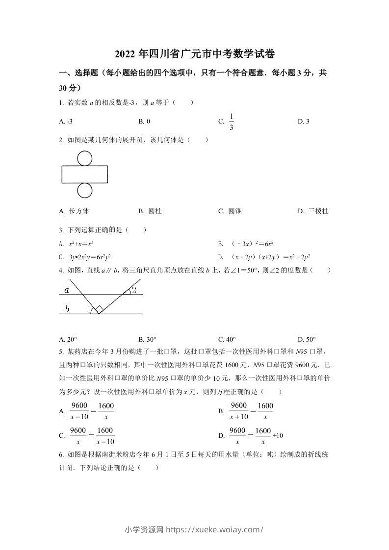 2022年四川省广元市中考数学真题（空白卷）-六八学科资料网