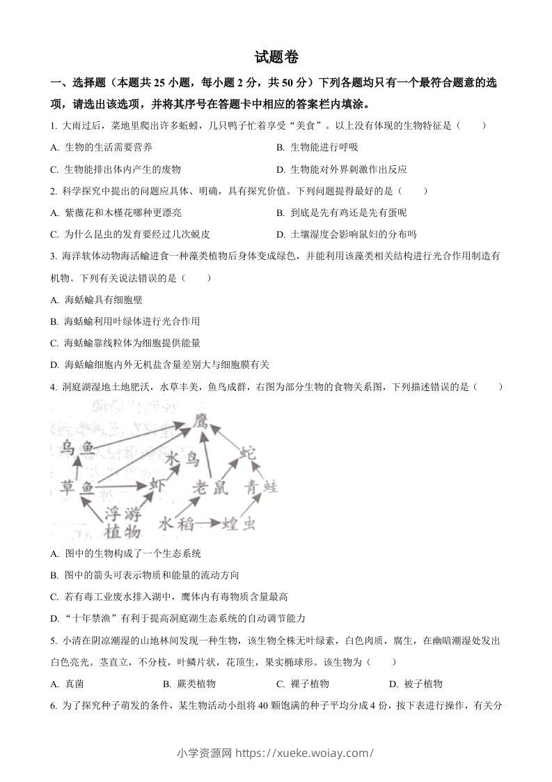 2023年湖南益阳中考生物真题（空白卷）-六八学科资料网