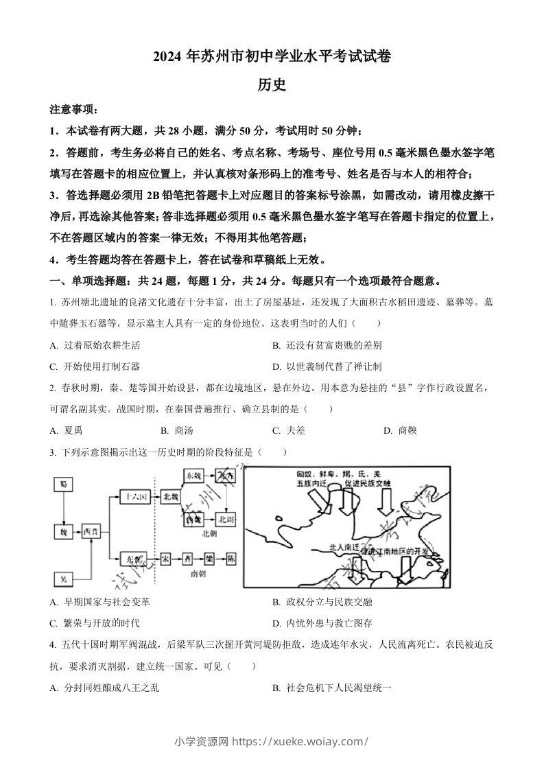 2024年江苏省苏州市中考历史试题（空白卷）-六八学科资料网