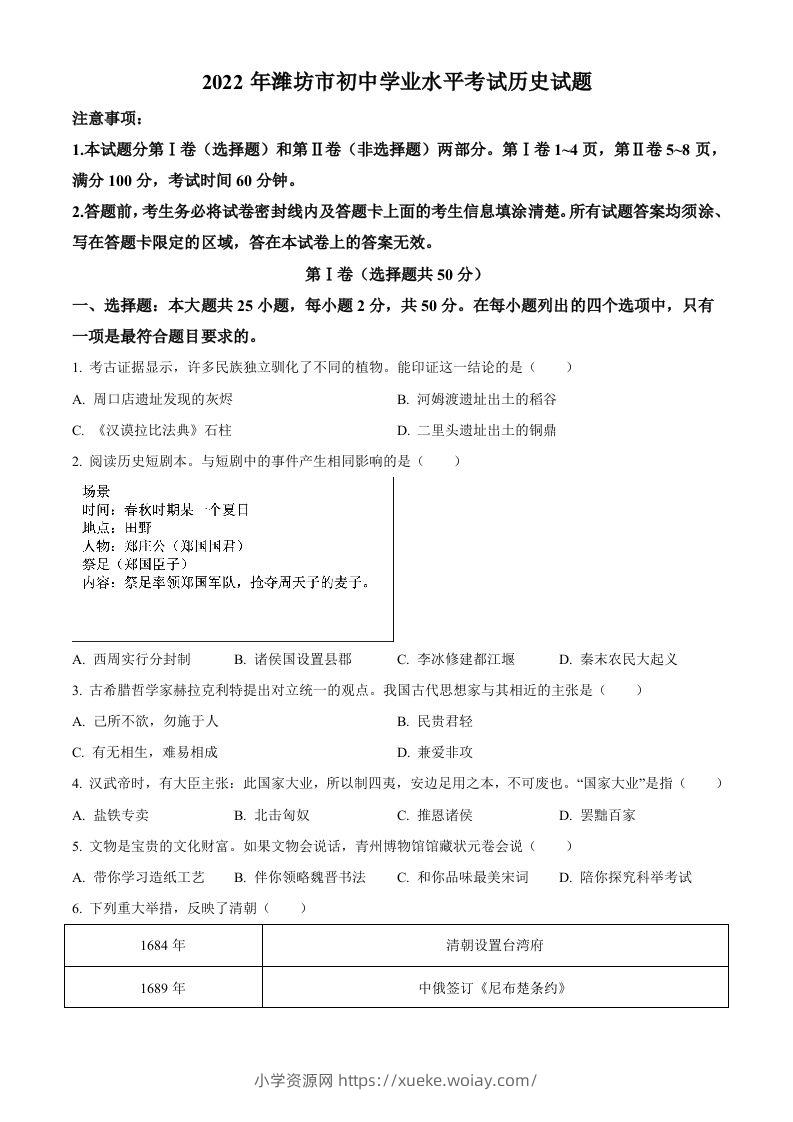 2022年山东省潍坊市中考历史真题（空白卷）-六八学科资料网