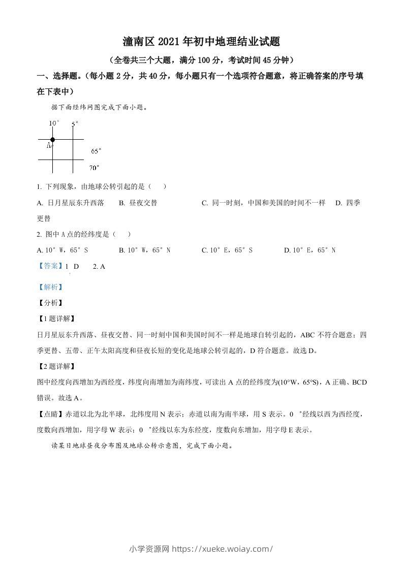 重庆市潼南区2021年八年级结业考试地理试题（含答案）-六八学科资料网