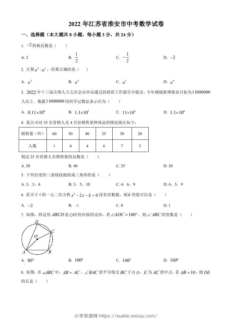 2022年江苏省淮安市中考数学真题（空白卷）-六八学科资料网