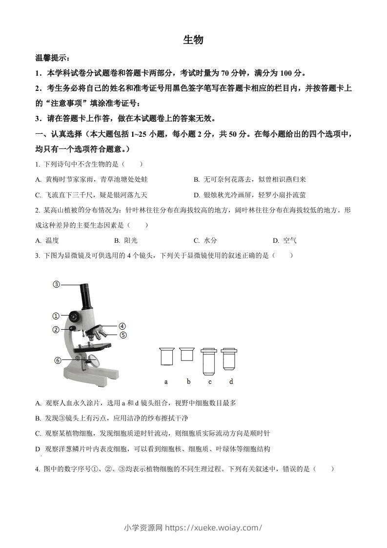 2023年湖南省邵阳市中考生物真题（空白卷）-六八学科资料网
