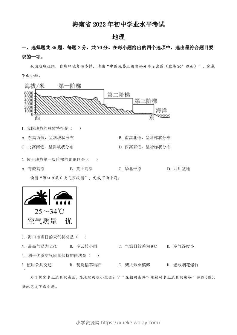 2022年海南省中考地理真题（空白卷）-六八学科资料网