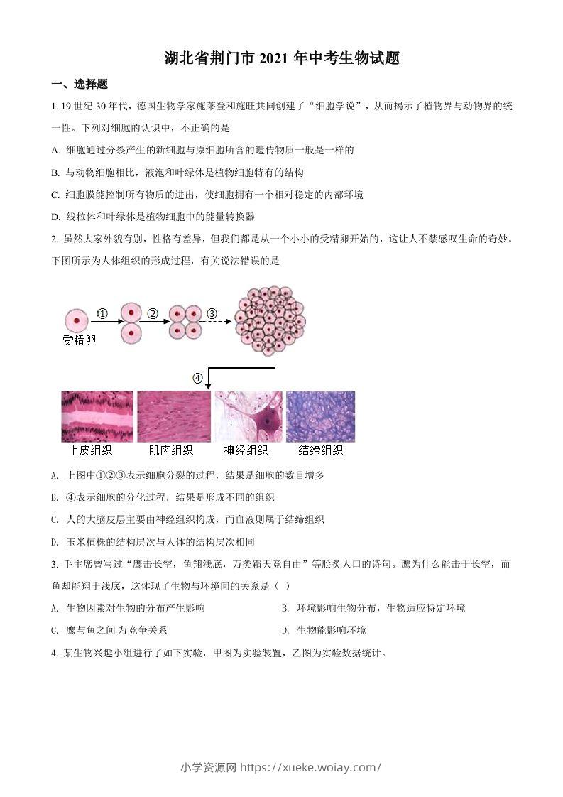 湖北省荆门市2021年中考生物试题（空白卷）-六八学科资料网