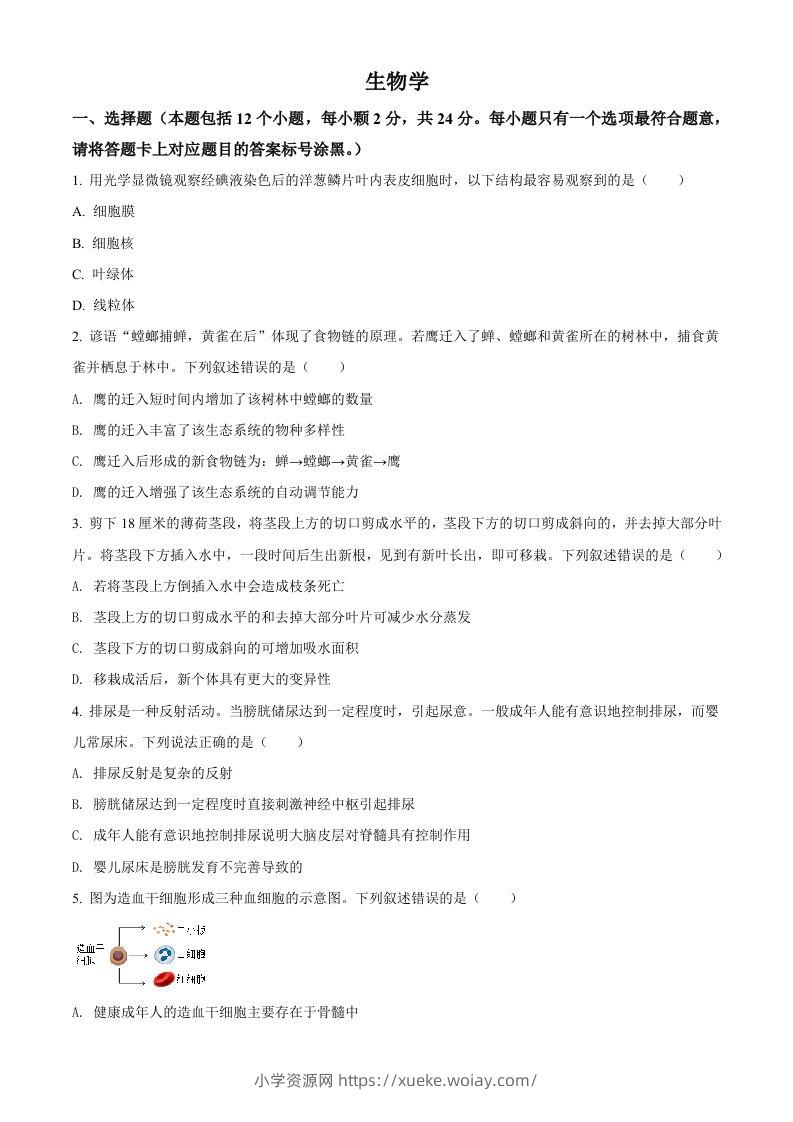 内蒙古包头市2021年中考生物试题（空白卷）-六八学科资料网