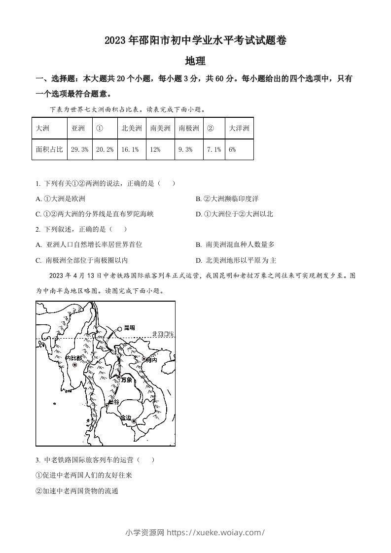 2023年湖南省邵阳市中考地理真题（空白卷）-六八学科资料网