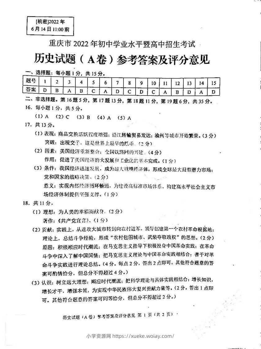2022年重庆历史A卷参考答案-六八学科资料网