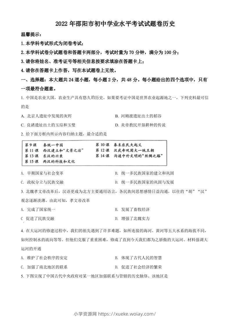 2022年湖南省邵阳市中考历史真题（空白卷）-六八学科资料网