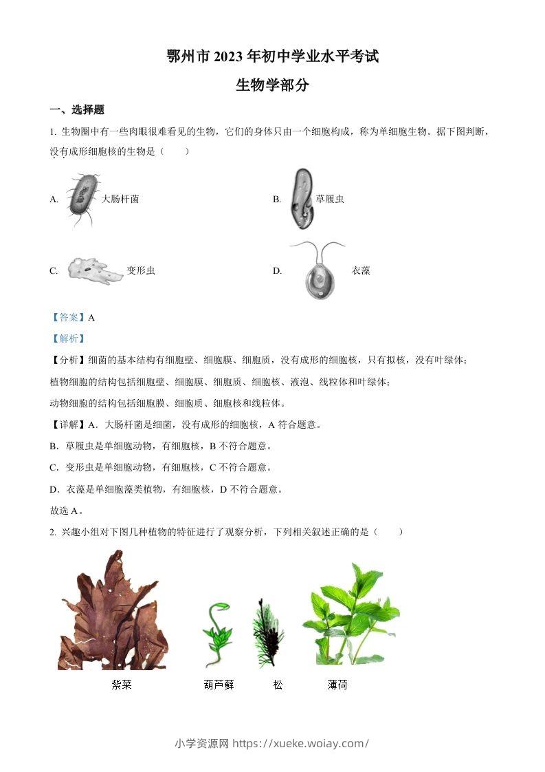 2023年湖北省鄂州市中考生物真题（含答案）-六八学科资料网
