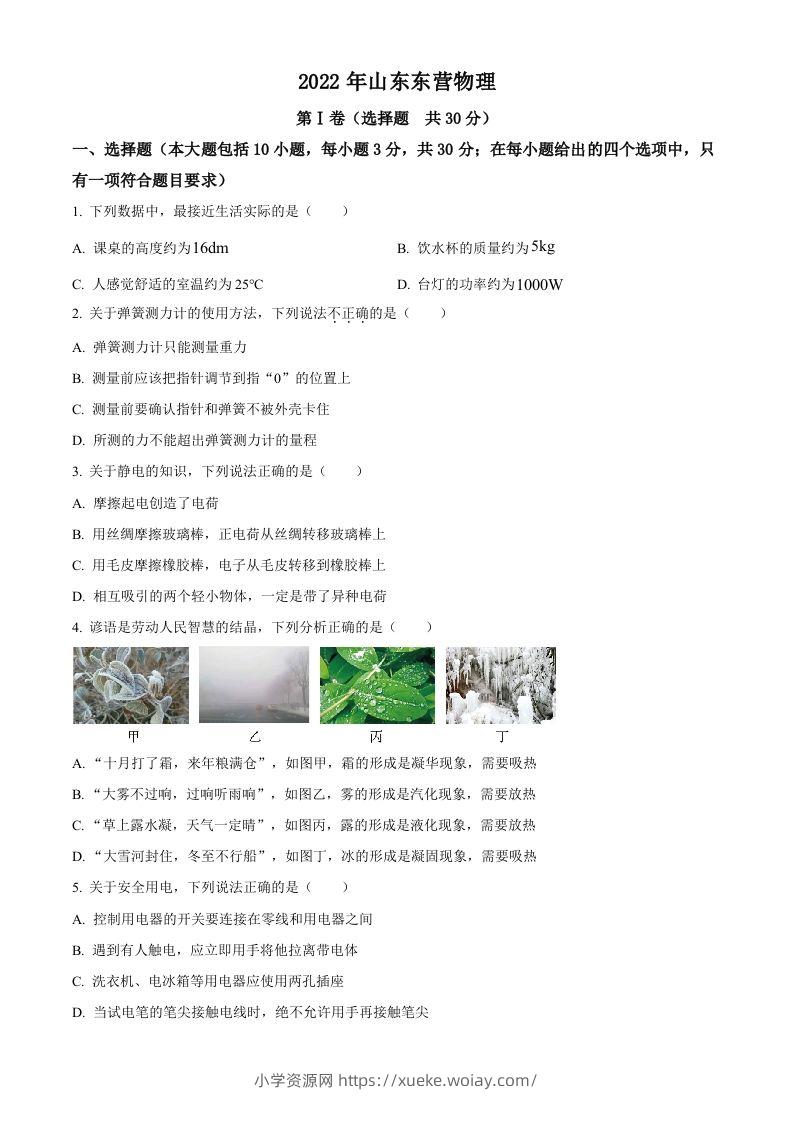 2022年山东省东营市中考物理试题（空白卷）(1)-六八学科资料网