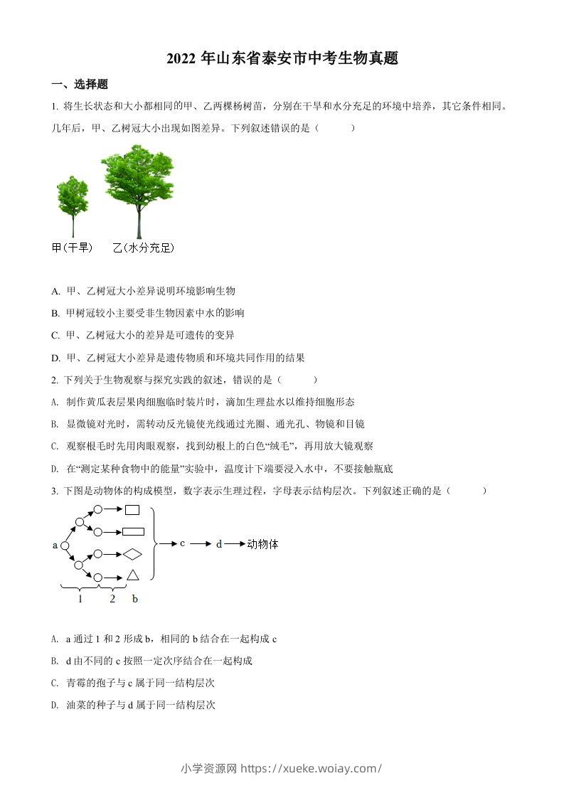 2022年山东省泰安市中考生物真题（空白卷）-六八学科资料网