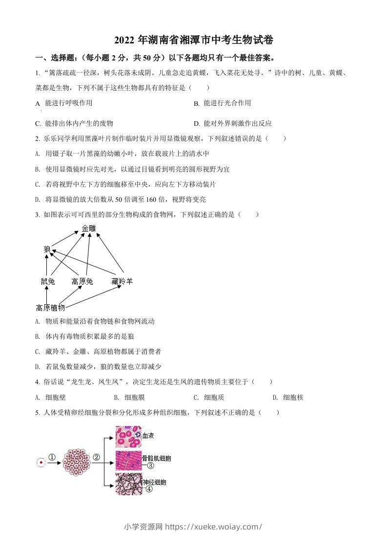 2022年湖南省湘潭市中考生物试题（空白卷）-六八学科资料网