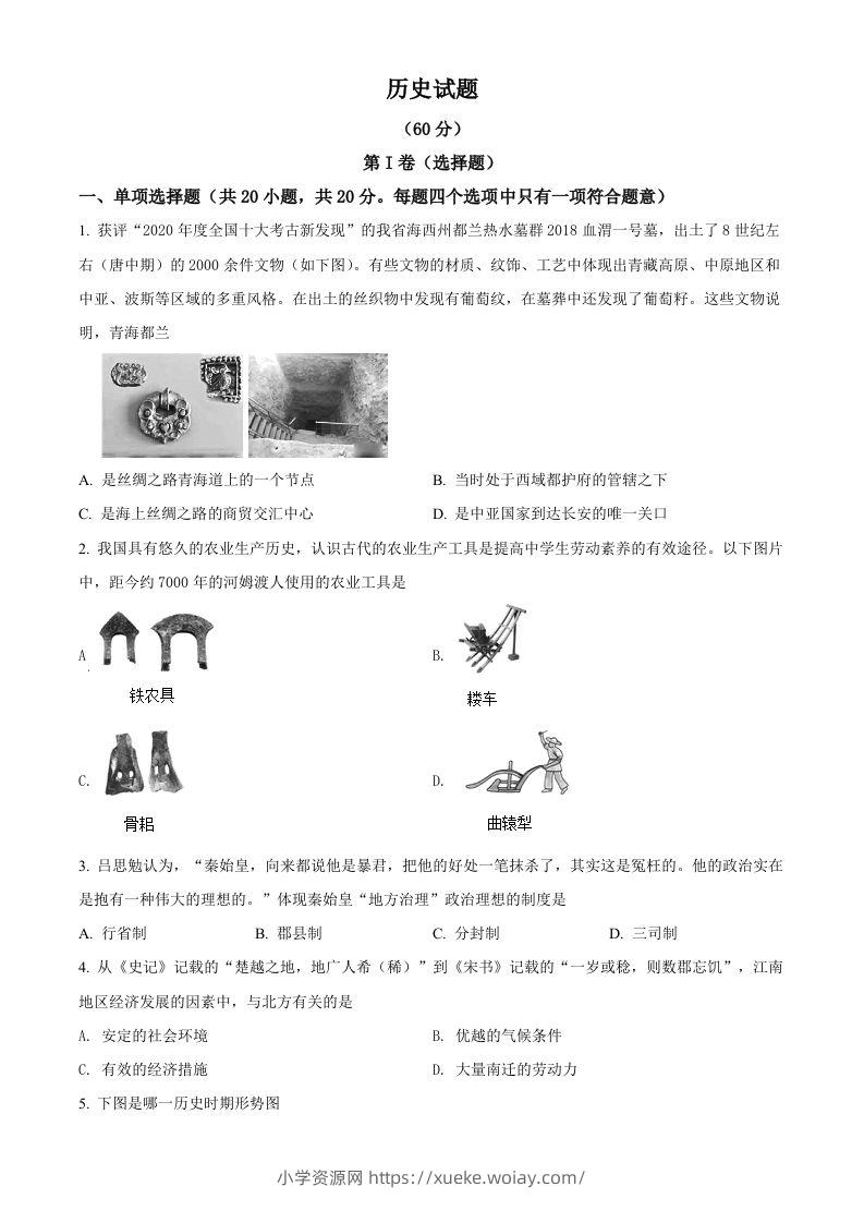 2021年青海省西宁市城区中考历史试题（空白卷）-六八学科资料网