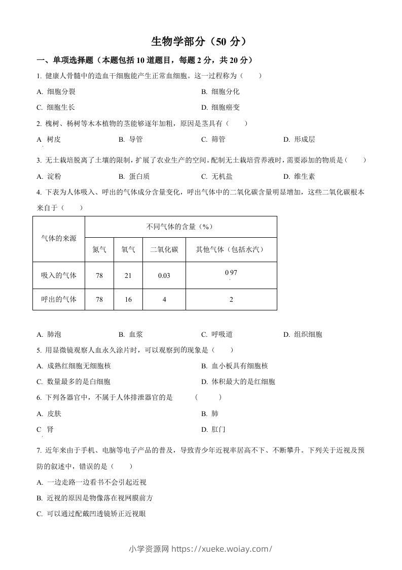 2024年甘肃省天水市中考生物试题（空白卷）-六八学科资料网