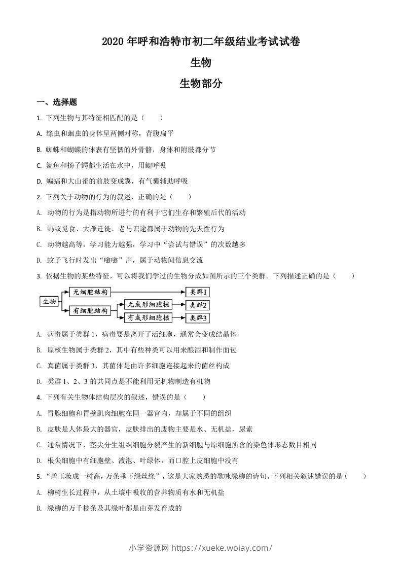 内蒙古呼和浩特市2020年中考生物试题（空白卷）-六八学科资料网
