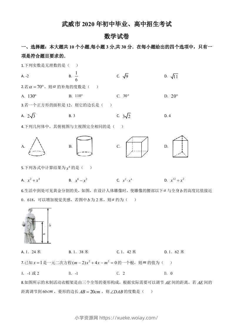 甘肃省武威市2020年中考数学试题（空白卷）-六八学科资料网