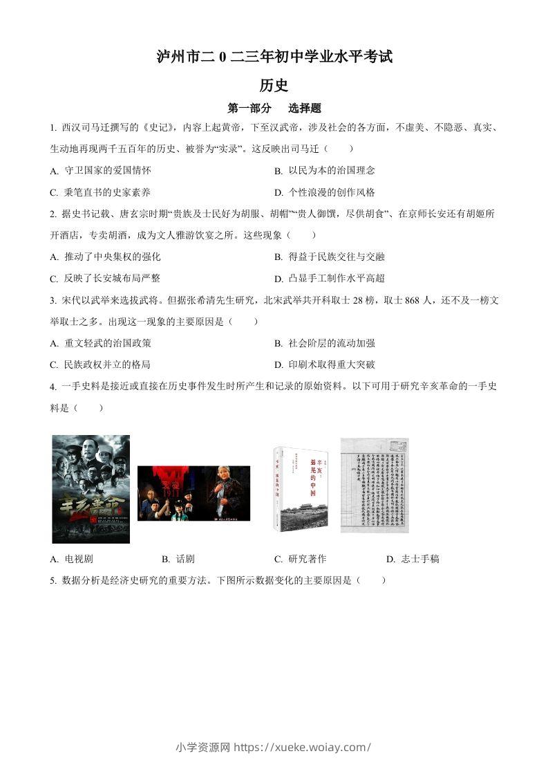 2023年四川省泸州市中考历史真题（空白卷）-六八学科资料网