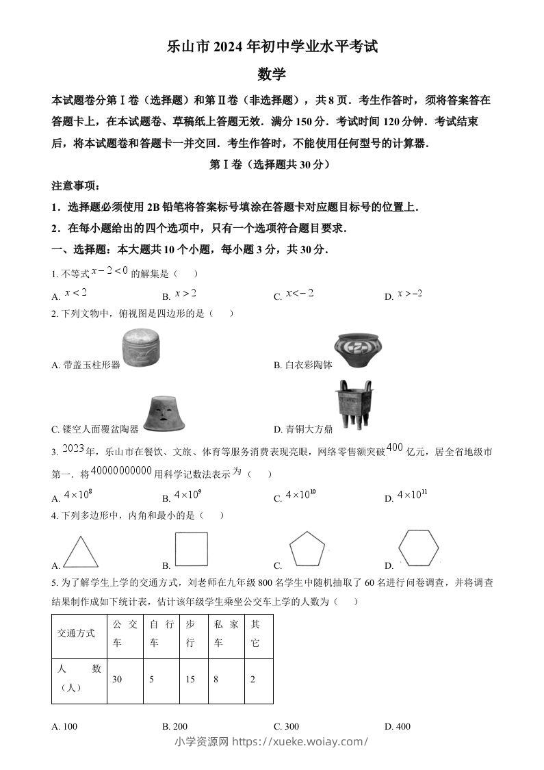 2024年四川省乐山市中考数学试题（空白卷）-六八学科资料网