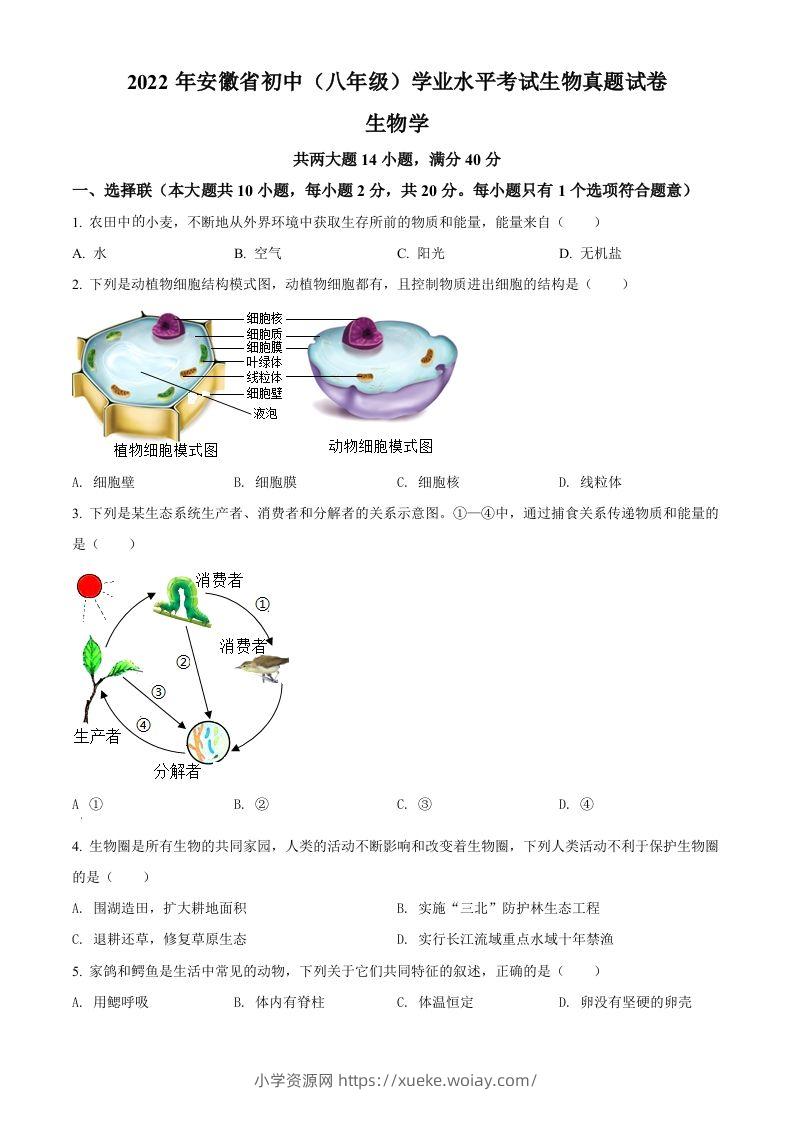2022年安徽省中考生物真题（空白卷）-六八学科资料网